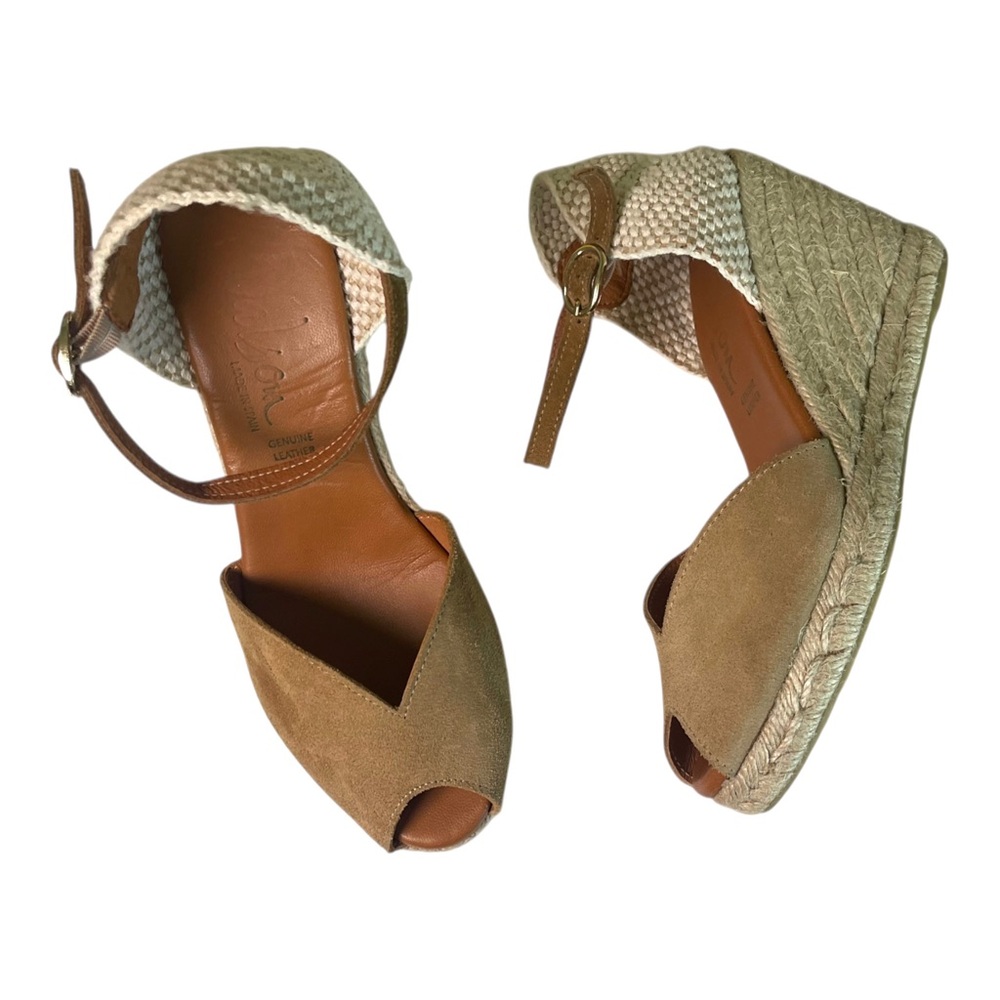 Dalson Tan Suede Peep Toe Wedge Espadrille Sandals Made In Spain Size 6.5 - Picture 4 of 12